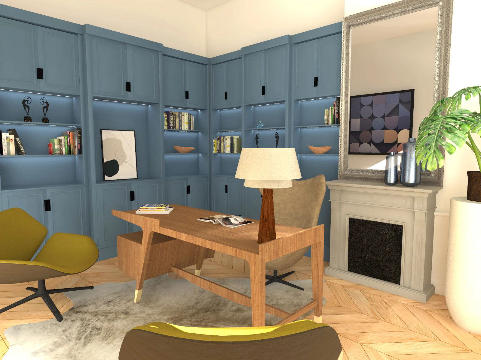 Plan 3D bureau bibliothèque bleu en bois sur mesure dans appartement haussmannien