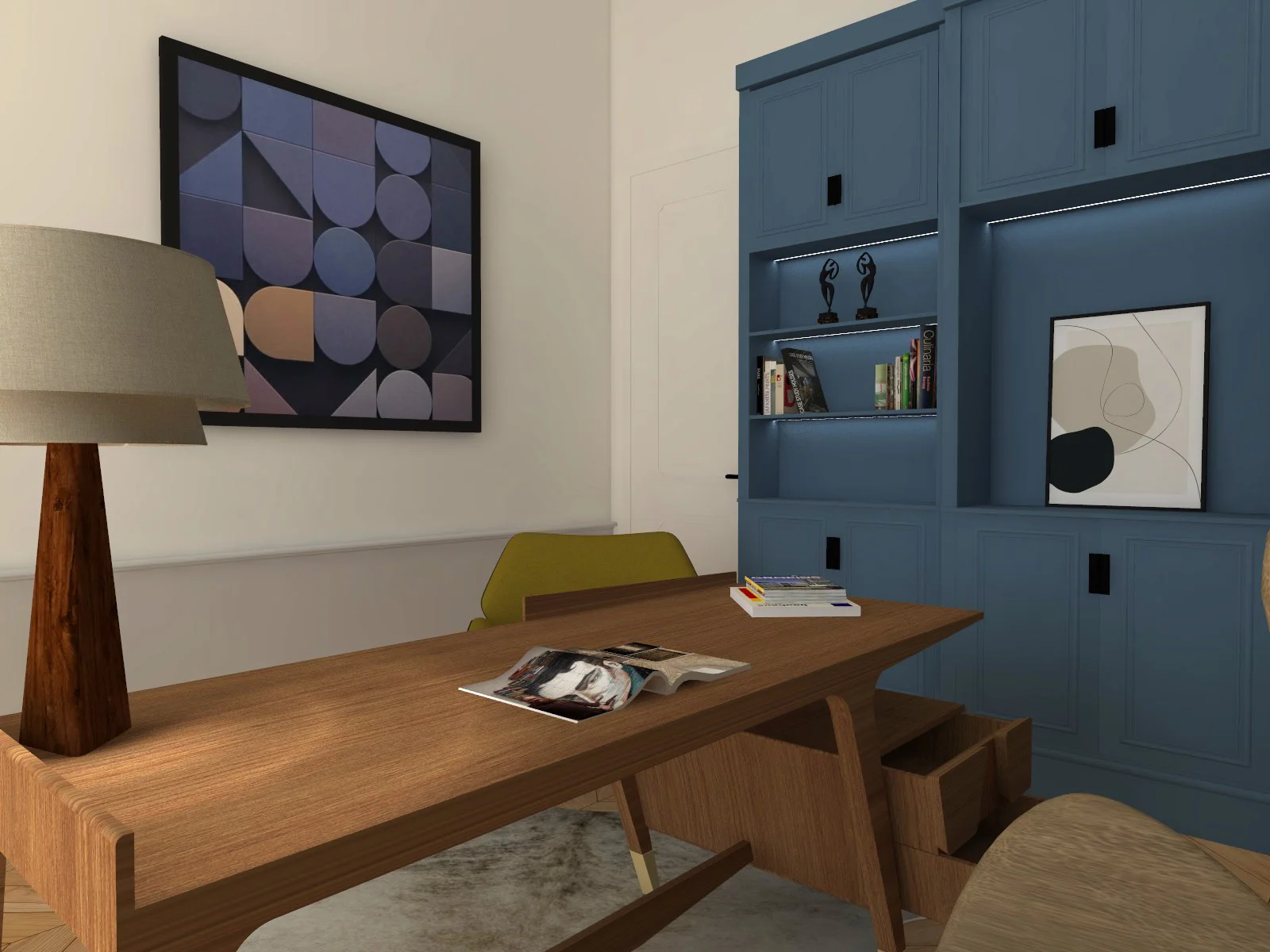 Plan 3D bureau bibliothèque bleu en bois sur mesure dans appartement haussmannien
