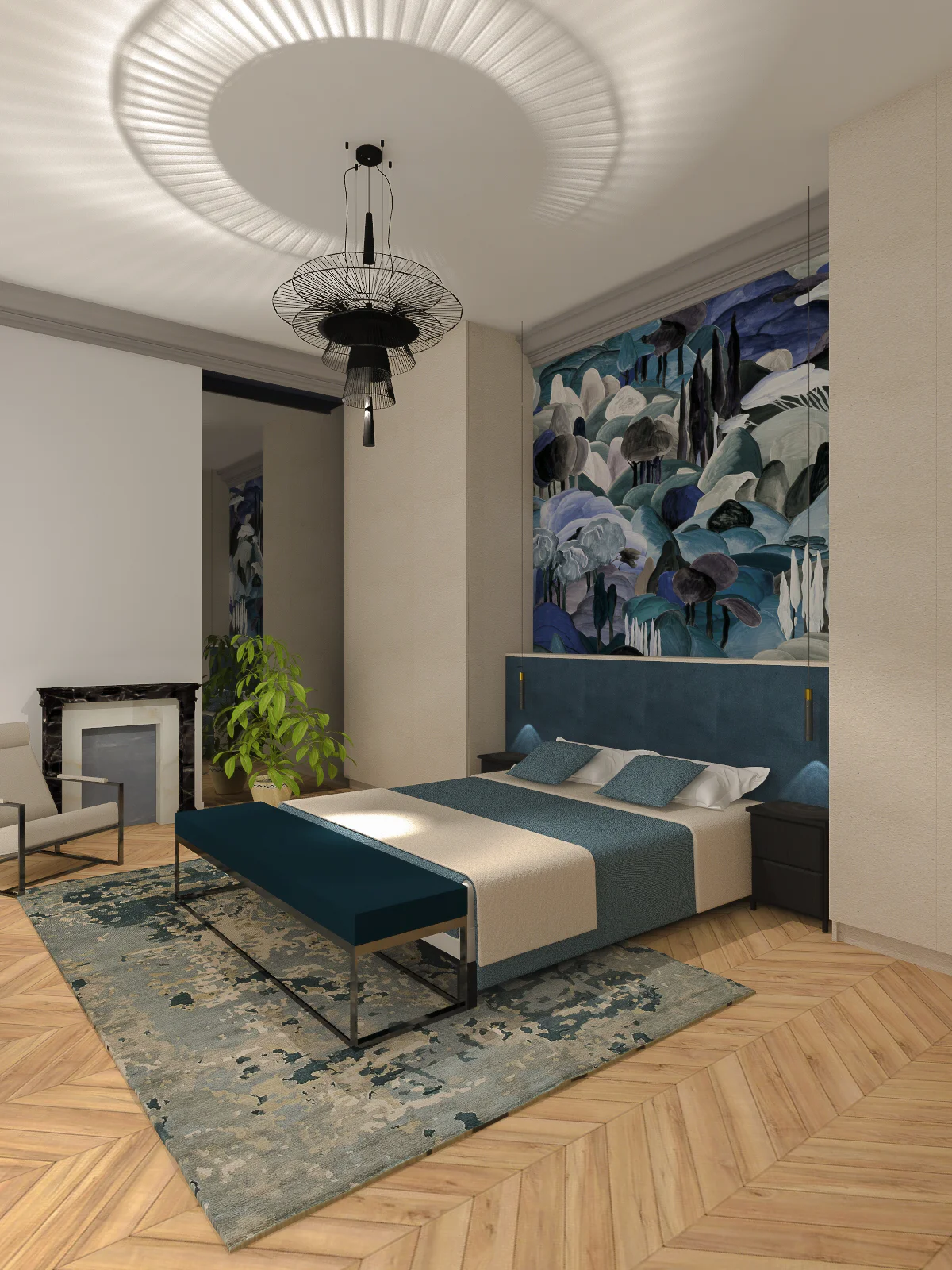 Plan 3D chambre avec luminaire sur mesure dans appartement haussmannien