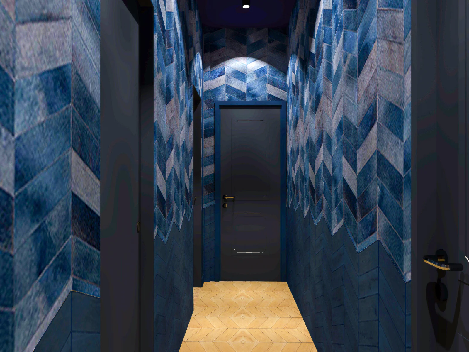 Plan 3D couloir bleu roi sur mesure dans appartement haussmannien