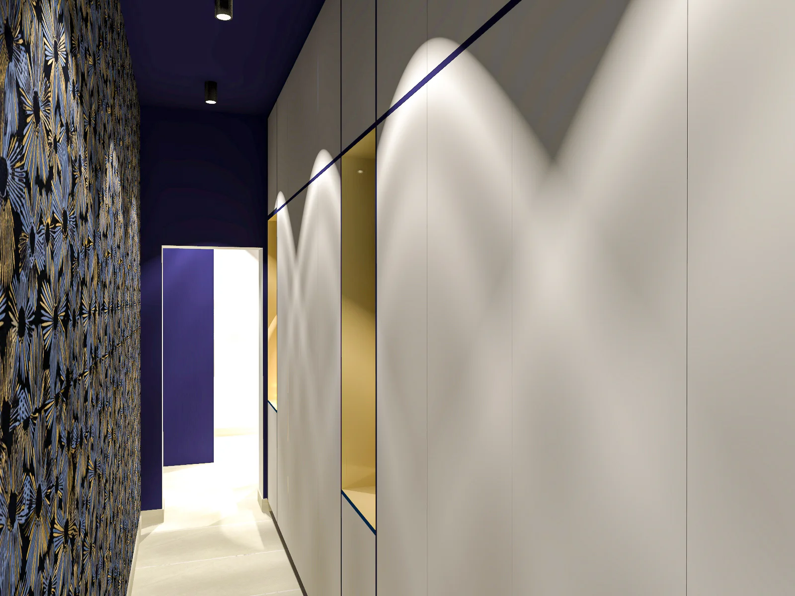 Plan 3D couloir bleu roi sur mesure dans appartement haussmannien