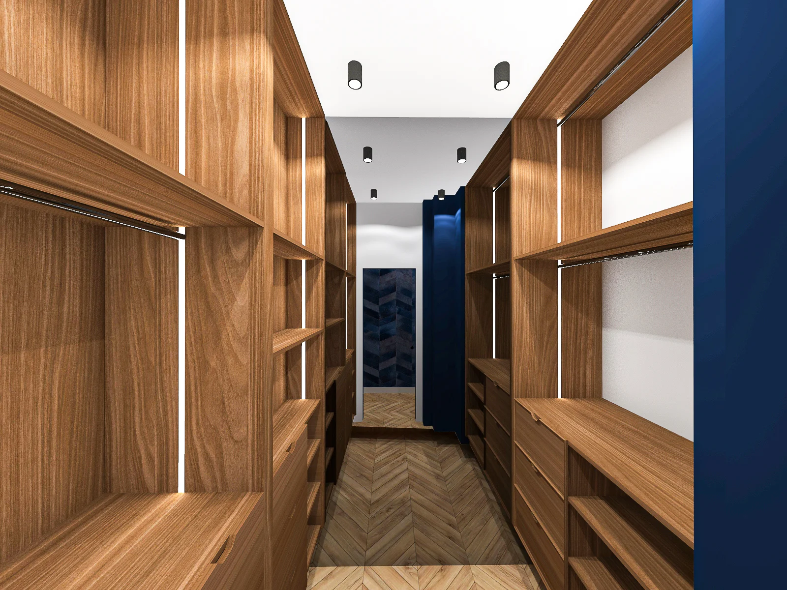 Plan 3D dressing bleu roi sur mesure dans appartement haussmannien