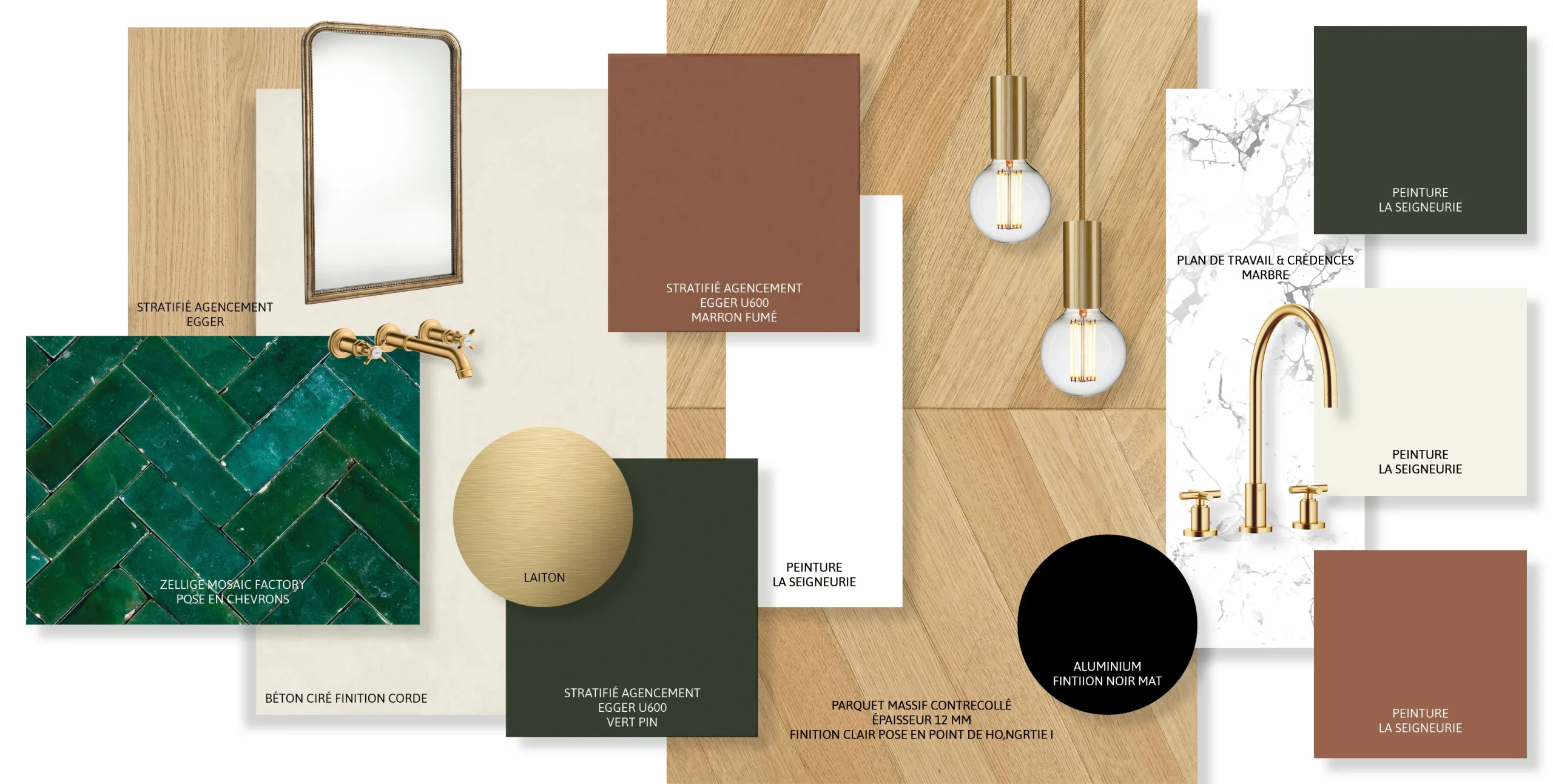 Détail moodboard matière, lumière, couleur par un architecte d'intérieur