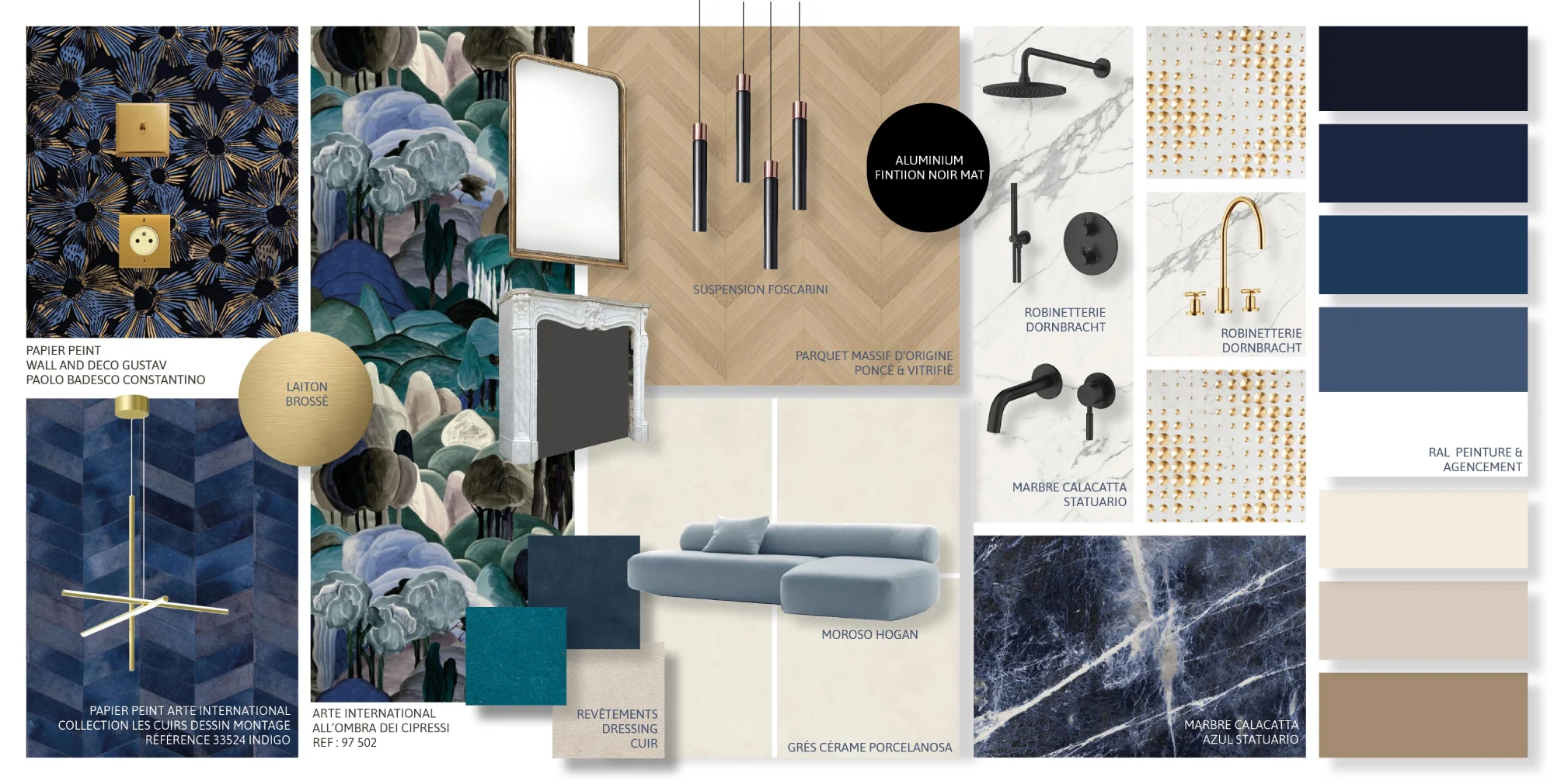 Détail moodboard matière, lumière, couleur par un architecte d'intérieur (salle de bain)