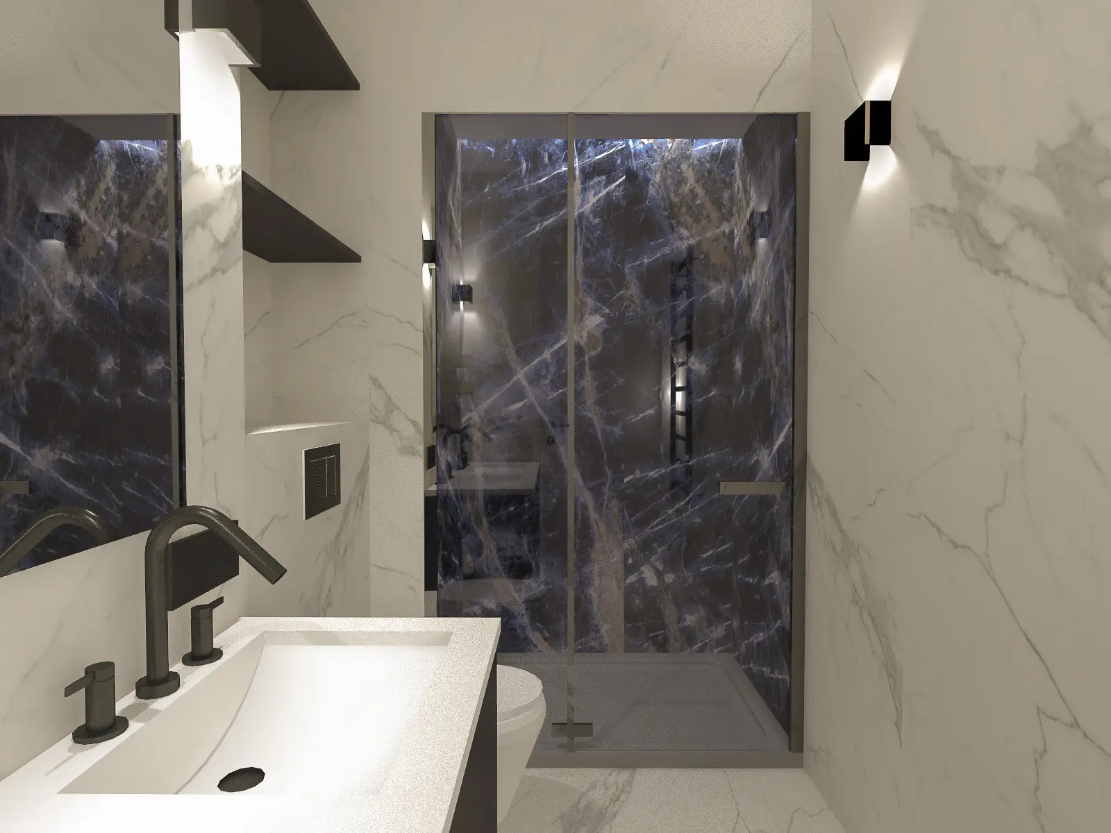 Salle d'eau moderne dans appartement haussmannien ancien réhabilitation