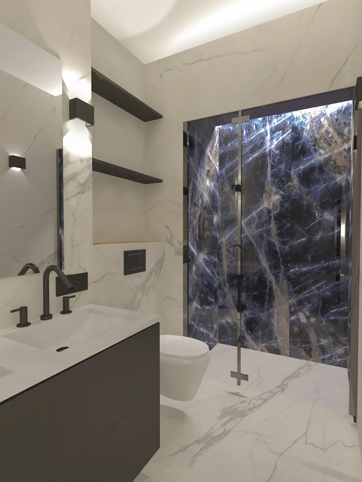 Salle d'eau moderne dans appartement haussmannien ancien réhabilitation