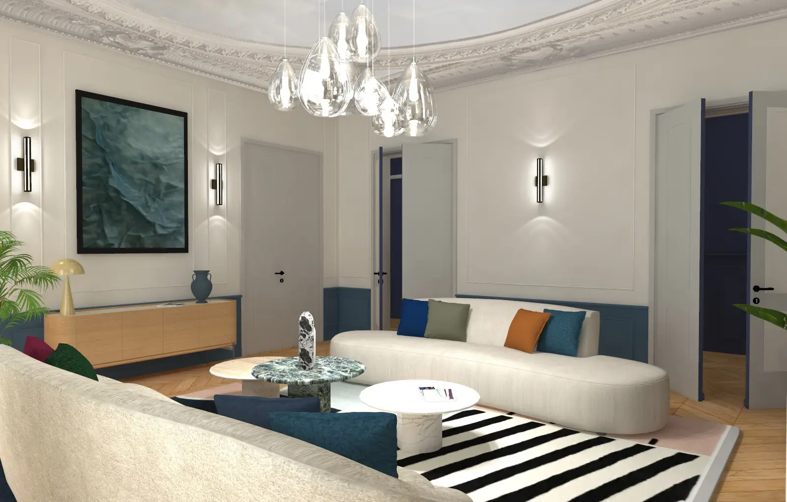 Salon moderne contemporain dans appartement haussmannien ancien réhabilitation