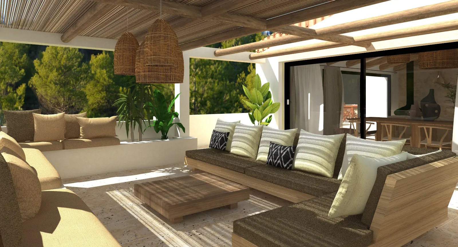 Terrasse extérieure aménagé par un architecte d'intérieur style bohème