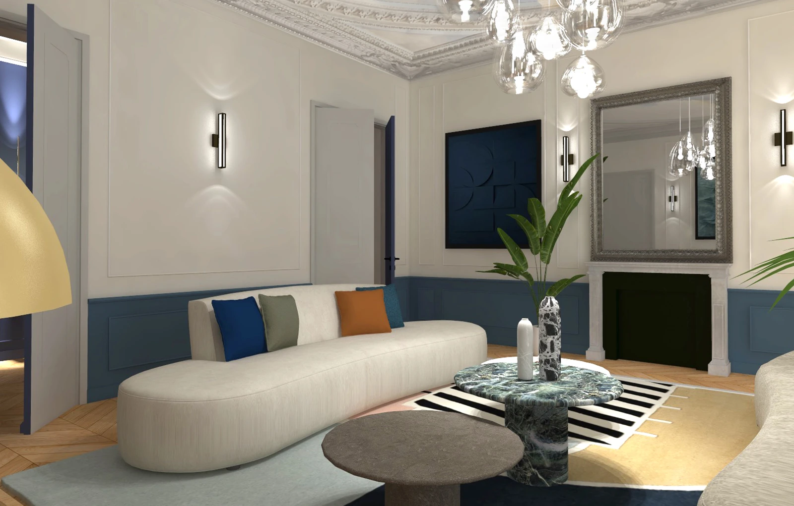 Salon moderne contemporain dans appartement haussmannien ancien réhabilitation