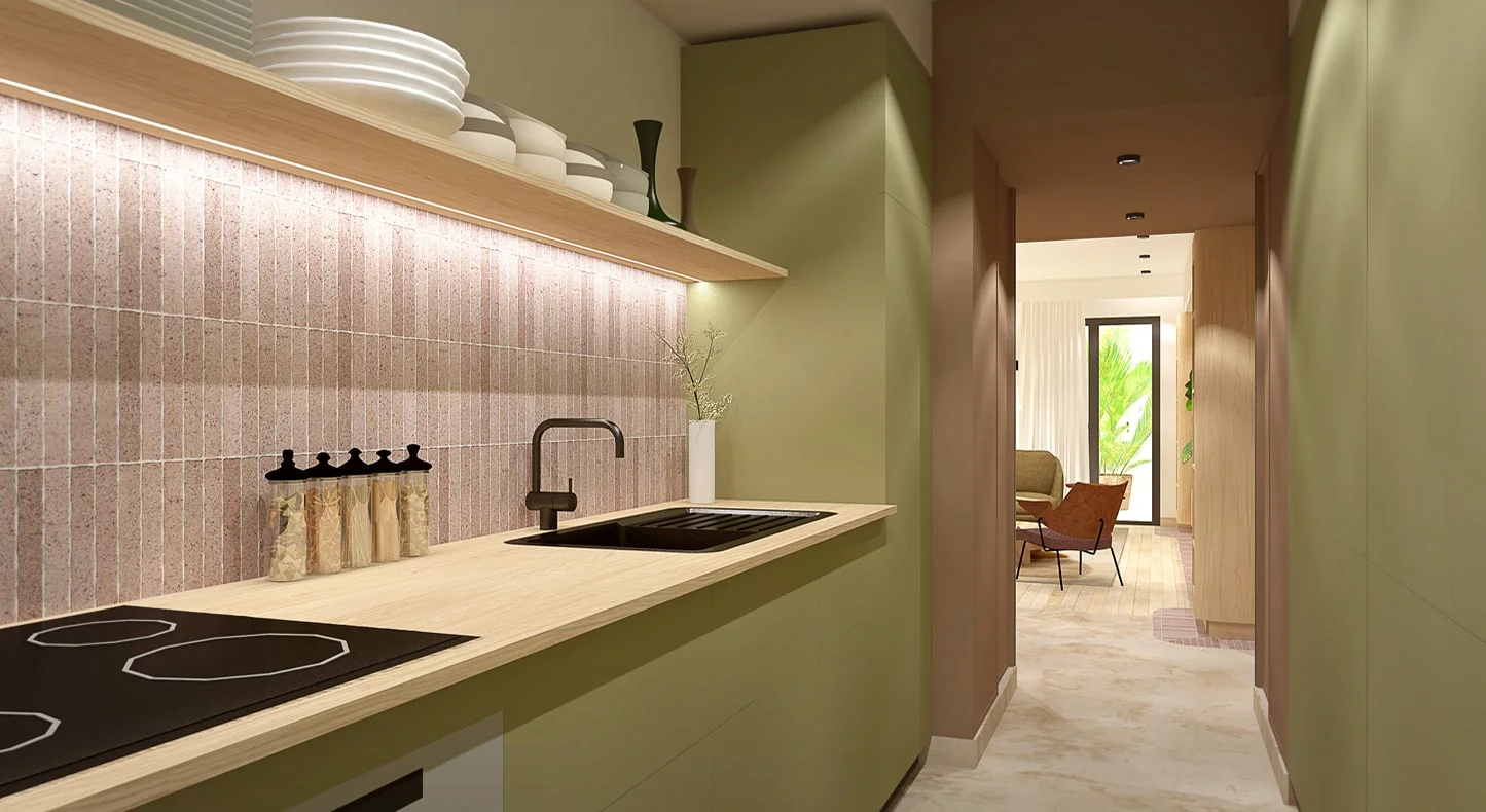 Vue cuisine projet de rénovation complète d'un appartement de 90 m2 dans le 8 ème arrondissement Marseillais. 